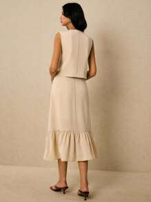 Poéselle Conjunto de dos piezas de lino caqui, 2 piezas, blusa sin mangas con cuello redondo y hebilla metálica con decoración de estrella de mar, y falda, estilo simple y elegante, estilo "old money", adecuado para uso diario, salir, ir al trabajo, vacaciones, citas, fiestas, banquetes y otras ocasiones, color beige - Beis - Ver 4