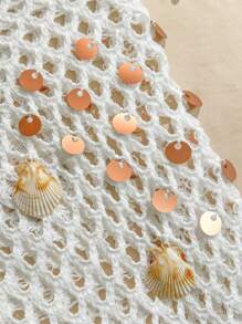 Swim Vcay 女士夏季假日海滩白色编织渔网镂空贝壳串珠装饰系带罩衫裙