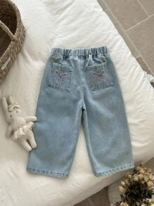 SHEIN Vintaside Kids 女婴时尚牛仔裤，带刺绣蝴蝶结，百搭休闲乡村风格设计 - 藍色 - 查看 3