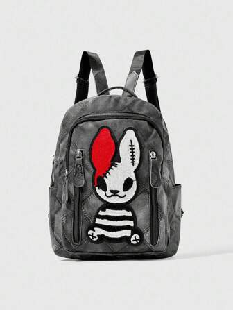 Grunge Punk Mochila de moda con bordado de conejo malvado