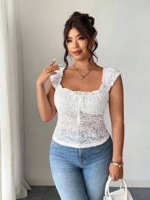Elenzga Camiseta elegante y dulce para mujer con lazo decorativo de encaje y cordón en el busto