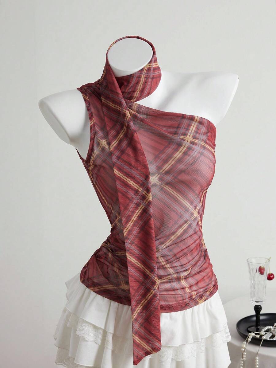 Elamini Áo ba lỗ chiffon cổ yếm xếp nếp không tay màu xanh kẻ caro bất đối xứng cho nữ mùa hè - Đỏ - Xem 1