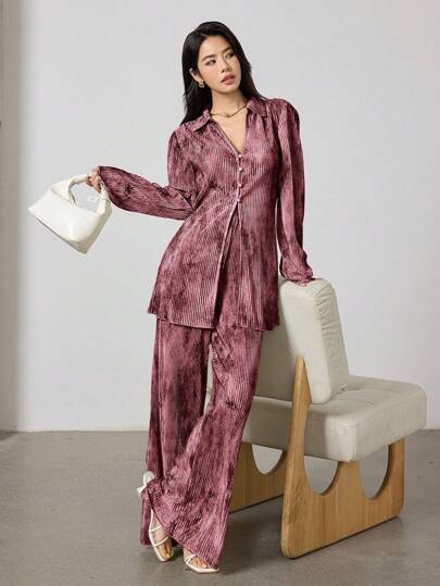 Heiryn 女式扎染印花长袖纽扣衬衫和休闲长裤两件套