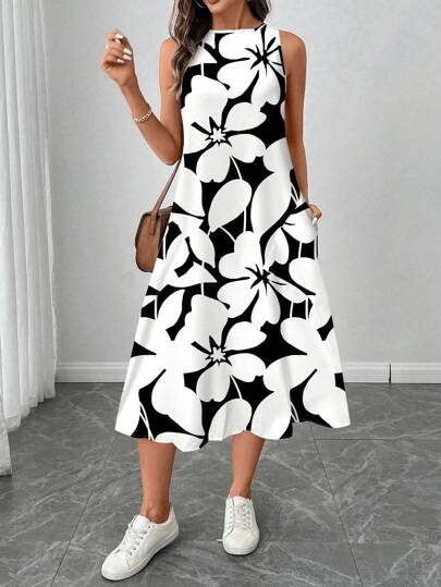 SHEIN LUNE Vestido casual de mujer con estampado floral de cuello redondo y longitud media, adecuado para primavera/verano, apropiado para salir, vestido elegante, casual