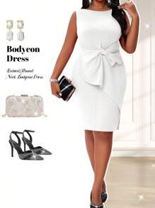 Fleurora 春夏秋冬优雅派对婚礼情人节酒会演唱会/音乐节白色针织圆领铅笔大蝴蝶结前蝴蝶结紧身连衣裙中长款短袖大码连衣裙新年派对优雅女装高档服装优雅连衣裙婚礼，女士正式礼服