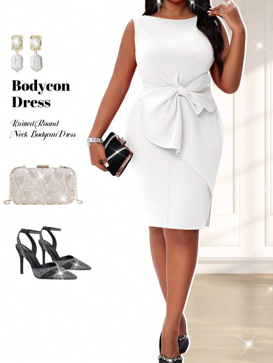 Fleurora 春夏秋冬优雅派对婚礼情人节酒会演唱会/音乐节白色针织圆领铅笔大蝴蝶结前蝴蝶结紧身连衣裙中长款短袖大码连衣裙新年派对优雅女装高档服装优雅连衣裙婚礼，女士正式礼服