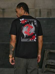 AXEPEAK Camiseta casual de manga corta con estampado urbano de letras japonesas y flores, regalo para el novio - Negro - Ver 1