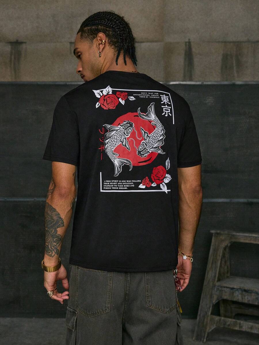 AXEPEAK Camiseta casual de manga corta con estampado urbano de letras japonesas y flores, regalo para el novio - Negro - Ver 1