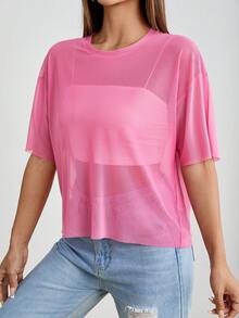 SHEIN PETITE 夏季女性黑色無胸罩下擺垂墜透視網紗上衣 - 粉色 - 查看 6