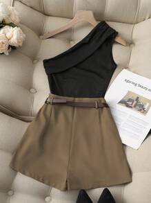 Franclia 休闲时尚百搭通勤高弹力纯黑色单肩百褶上衣配卡其色假口袋裙裤配腰带女士两件套