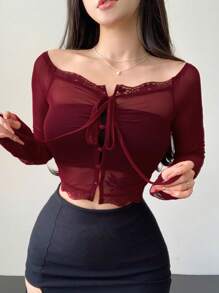 DAZY 女士蕾丝拼布前结上衣外出上衣透明长袖女式上衣，秋季女装短款女式上衣 - 酒紅色 - 查看 9