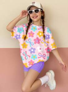 SHEIN Leap Crew 2 件套青少年女孩休闲宽松短袖 T 恤和紧身裤套装（夏季） - 彩色 - 查看 3