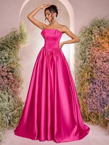 Glamrae Váy Bandeau cổ điển màu hồng cánh sen sang trọng thanh lịch với chân váy dài Maxi xếp nếp, thích hợp cho các buổi hẹn hò, tiệc độc thân, những dịp trang trọng, vũ hội, tiệc cocktail, váy dạ hội (cho công việc nặng nhọc) - Màu Hồng Tươi - Xem 5