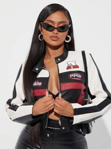 Radiana Amerikanischer cooler Patchwork- & Kontrastfarben-Motorradjacke mit Stickerei, Damen Sommer Rennwagen Rennmotorrad Jacke für Herbst/Winter