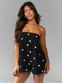 MISSGUIDED 无肩带圆点亚麻质感连身裤抹胸连体衣夏季假日派对沙滩口袋连体裤 - 黑色 - 查看 5