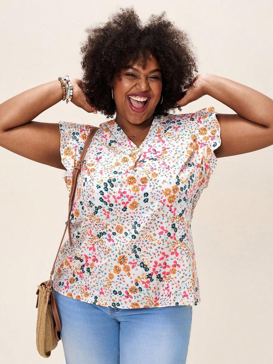 SHEIN LUNE Plus-Size Ladies Summer Boho Flower Print V-Neck Small Flying Sleeve Shirt Casual Summer Wear Women Summer Clothes - White - View 1