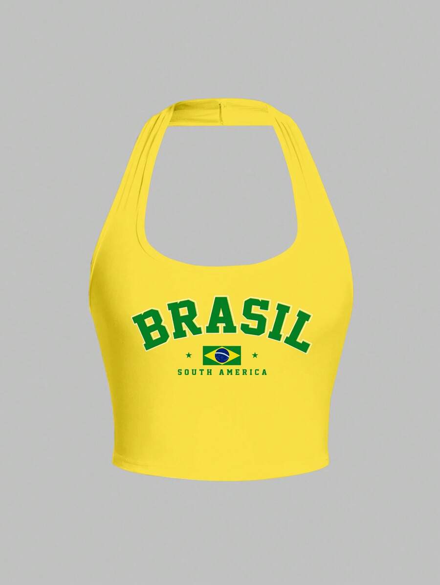 SHEIN EZwear Women's Casual Halter Neck Fitted Tank Top, Brazilian Flag Yellow Pattern, Suitable For Summer, Beach, Music Festivals, Tropical, Vacation Vibe, Summer Miami Girl Brazil Crop Top Yellow Crop Top Crop Top Halter Top Brasil Top Brazil Bikini Bikini Shirt Beach Wear Brasil Bikini Brazil Tankini Back To School