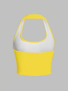 SHEIN EZwear Women's Casual Halter Neck Fitted Tank Top, Brazilian Flag Yellow Pattern, Suitable For Summer, Beach, Music Festivals, Tropical, Vacation Vibe, Summer Miami Girl Brazil Crop Top Yellow Crop Top Crop Top Halter Top Brasil Top Brazil Bikini Bikini Shirt Beach Wear Brasil Bikini Brazil Tankini Back To School