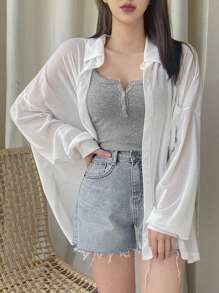 DAZY Camisa larga de mujer con hombros caídos y mangas largas, estilo preppy y transparente