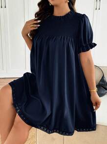 SHEIN Frenchy Plus Size Summer Casual Solid Color Patchwork Lace Puff Sleeve Dress - Navy Blue - View 4