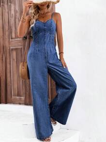 SHEIN Frenchy Leisure Faded Denim Jumpsuit Summer Casual - Dark Wash - View 4