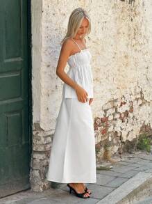 SHEIN ICON 女士夏季度假风格白色吊带背心宽松蕾丝边上衣和高开衩裙两件套，全白派对装 - 白色 - 查看 5