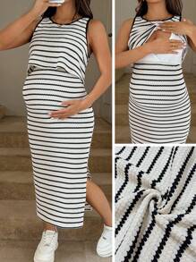 SHEIN Pregnant Women Black Striped Texture Sleeveless Maternity Nursing Dress, Summer Casual - Black and White - View 1