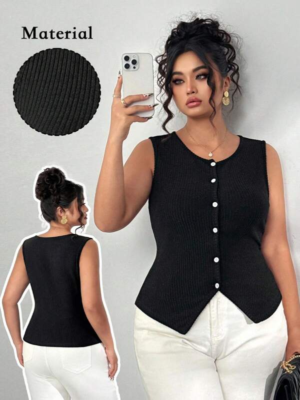 Elenzga Parte superior de punto acanalado de un solo pecho de unicolor talla grande, para ir y venir