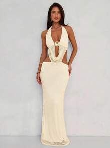 Aloruh Women's Vacation Deep V Starfish Print Textured Halter Backless High Slit Dress, Beige - Beige - View 6