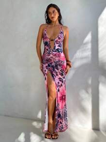 Aloruh Women's Tie-Dye Print V-Neck Dress, Sexy Mesh, Holiday/Resort Wear, Spring/Summer - Multicolor - View 8