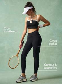 VARSIVA Women Leggings Women's Minimalist Solid Color Overlap Waist Fold-Over Pocket Black Leggings - Black - View 10