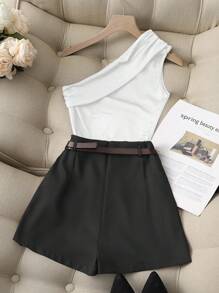 Franclia Casual Fashion All-Match Commuting High Elastic Pure Black One-Shoulder Pleated Top And Khaki Fake Pocket Skirt Pants With Belt Ladies Two Pieces Set - Black and White - View 2