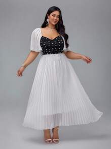 SHEIN MOOSTA Đầm dài xếp ly eo tối giản in họa tiết chấm bi cỡ lớn cho nữ tay áo raglan cổ điển lãng mạn - Đen và trắng - Xem 5
