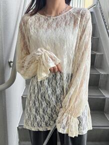 FRIFUL Women's Apricot Loose Sheer Cover Up, Lace Camisole With Bell Sleeve, Spring/Summer,Ruffle Long Sleeve Women Tops - Apricot - View 4