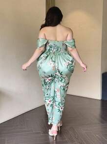 Flirla 大码女式春夏抹胸褶皱荷叶边袖花卉印花缎面中长连衣裙，优雅复古风格休闲节日连衣裙 - 彩色 - 查看 2