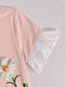 Baby Mädchen grünes minimalistisches Blumen Ärmel und Rock Patchwork Chiffon Design Lässig Nachthemd Nachtwäsche - Pink - Übersicht 5