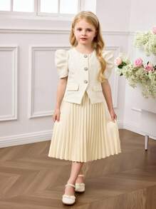 Young Girl Elegant Urban Pleated Short Sleeve Dress, Apricot Color - Apricot - View 9