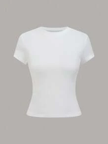 SHEIN PETITE Áo thun nữ cổ tròn tay ngắn màu trơn, thời trang cho mùa hè - Nhiều màu - Xem 5