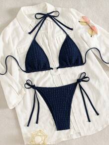 SHEIN Swim Đồ bơi nữ SXY-D 2 mảnh màu trơn, áo cúp tam giác dây quai mảnh buộc lưng, trang trí trước, quần tam giác buộc hai bên, cho mùa hè đi biển nghỉ dưỡng - Màu xanh hải quân - Xem 6