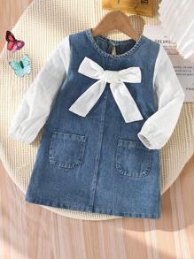 Elladie kids Young Girls Denim Dress With Butterfly Decor, 2-In-1 Design, Contrast Color Blue, Cute Casual Style For Autumn, Back-To-School, Spring & All Seasons - Blue and White - View 4