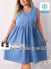 SHEIN CURVE+ Váy denim cạp chun nhẹ, thoải mái, cổ chữ V, màu xanh dương, không tay, cỡ lớn, mặc đi nghỉ hè - Rửa nhẹ - Xem 1