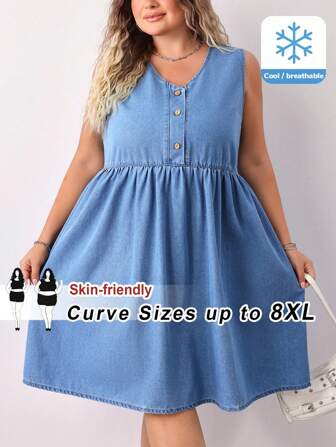 SHEIN CURVE+ 大码休闲蓝色 V 领无袖轻盈夏季舒适松紧腰牛仔连衣裙，夏季度假装