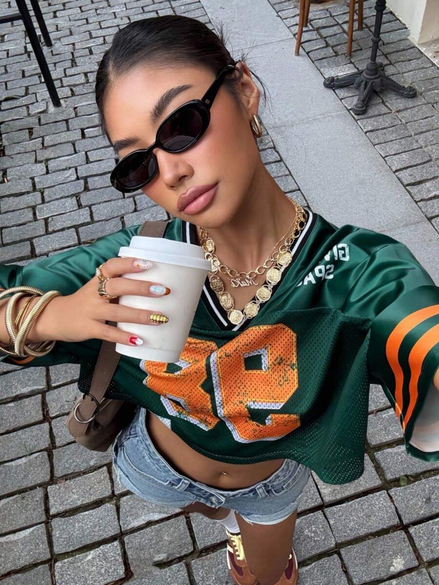 Muchica 女式宽松V领落肩T恤，带数字条纹印花，夏季 - 綠色 - 查看 1