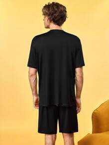 Notgurli Men's Slogan Print Short Sleeve Top And Shorts Pajama Set - Black - View 2
