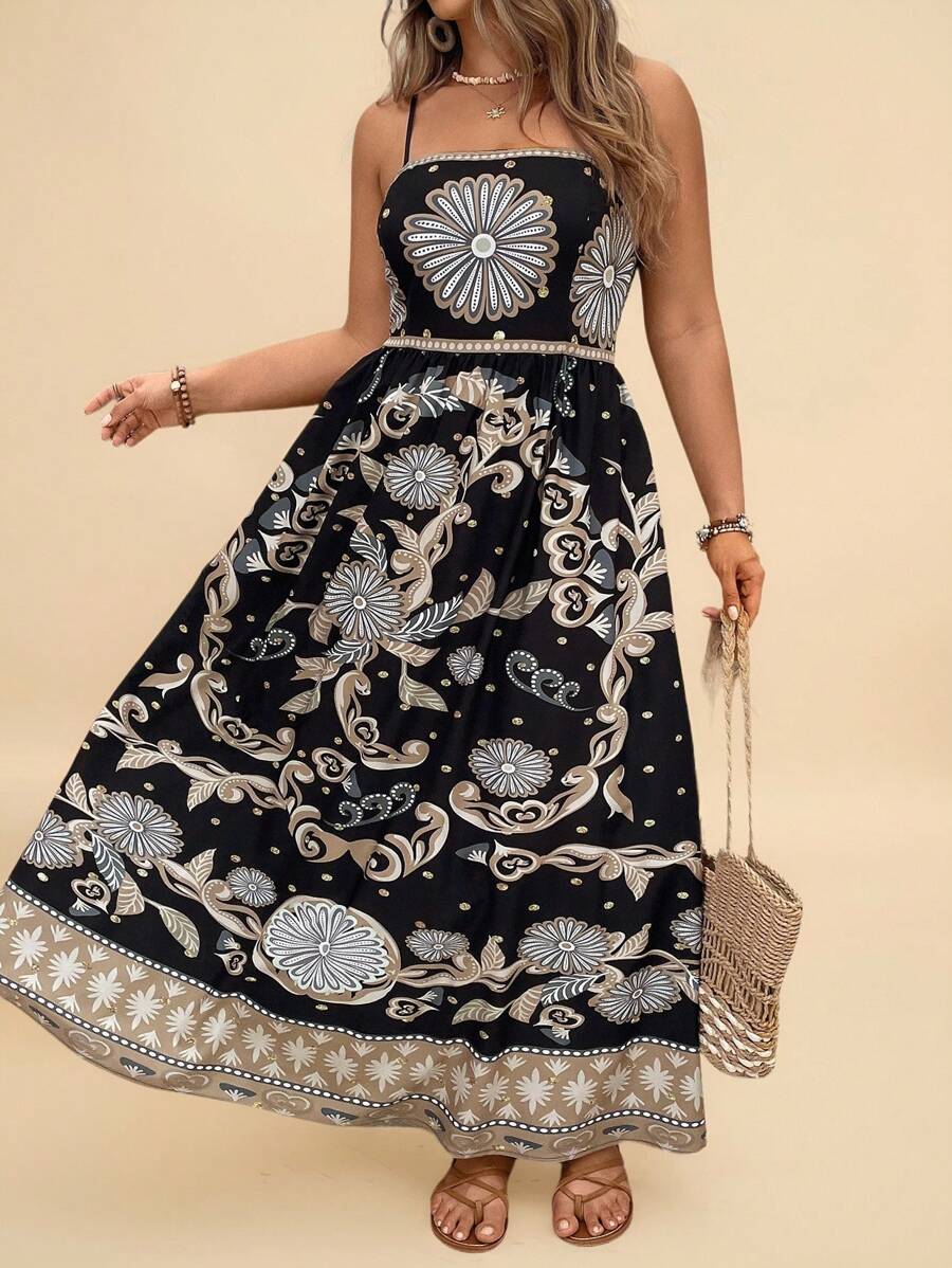 Travachic 这款大码黑色印花波西米亚风连衣裙采用A字型抽绳腰带设计，适合各种场合，包括度假、海滩、夏季、都市生活、波西米亚风情、欧洲夏季海岛之旅、蜜月和生日。它也适合身材丰满的海岛女孩在早午餐、机场、夜店、教师工作以及搭配西式服装时穿着。