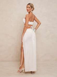Lumalex Conjunto de 2 piezas de top tubo y falda plisada con decoración de perlas falsas para mujer, atuendo para fiesta todo blanco, modesto, elegante, bohemio, para playa, mar, vacaciones, verano, boda, ceremonia, banquete - Albaricoque - Ver 6