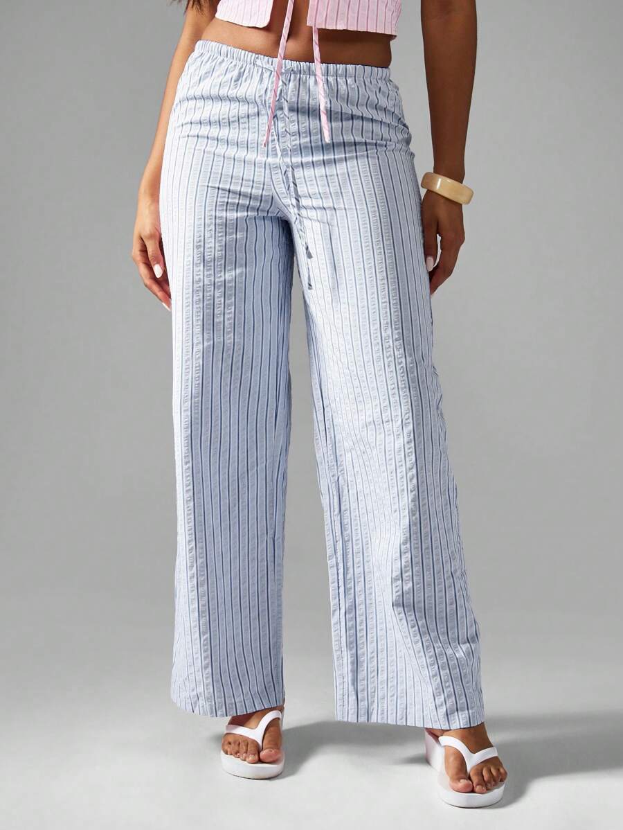 MISSGUIDED Hochhüftige Nadelstreif Weite Bein Hose Urlaubskleidung Strand Urlaub Sommer Elastischer Bund Lounge Wear Lässig Hose