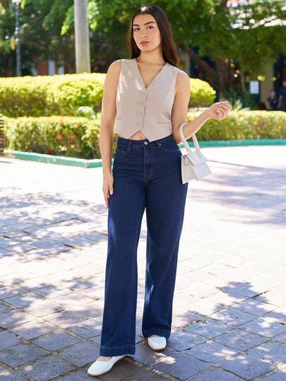 Andrea Bello Solid Khaki Collarless V-Neck Front Button Work Uniform Vest