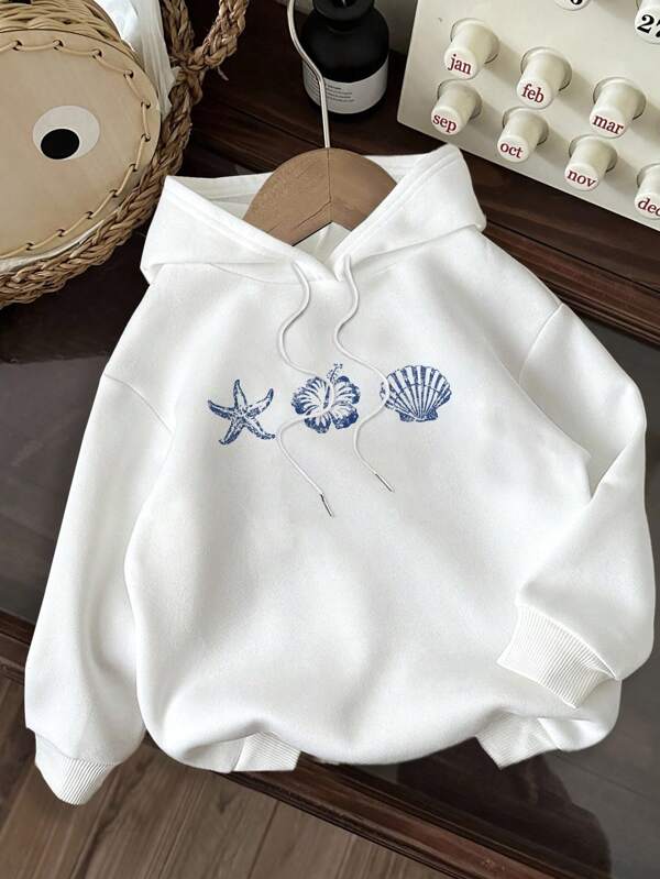 Attitoon Casual Minimalist Starfish Printed Hooded Long Sleeve Loose Fit Thickened Sweatshirt For Women Summer Hoodie Cute Hoodies Seashell Hoodie Starfish Hoodie Hibiscus Hoodie,Back To School Autumn And Winter