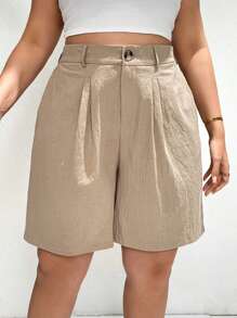 SHEIN Essnce Plus Size Moda Feminina Roupas de Verão Para Mulheres Roupas de Praia Para Mulheres Negócios Casual Mulher Roupas de Trabalho Mulheres Calças Largas Shorts de Cintura Alta Casual Deslocamento Férias Calças de Bolso Cáqui 5 Pontos, Calças de Linho Shorts Para Mulheres Calças Fluídas